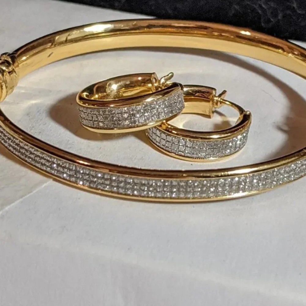 14kt Yellow Gold Over Sterling Silver Glitter Bracelet & Hoop Earring Set - $375